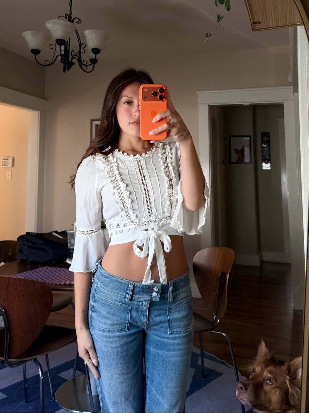 For Love & Lemons White Cropped Lace Tie-Front Blouse